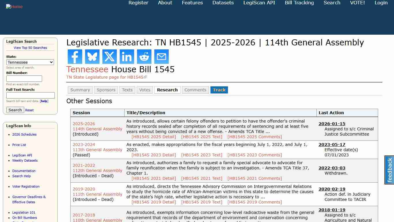 Legislative Research: TN HB1545 2025-2026 114th General Assembly LegiScan